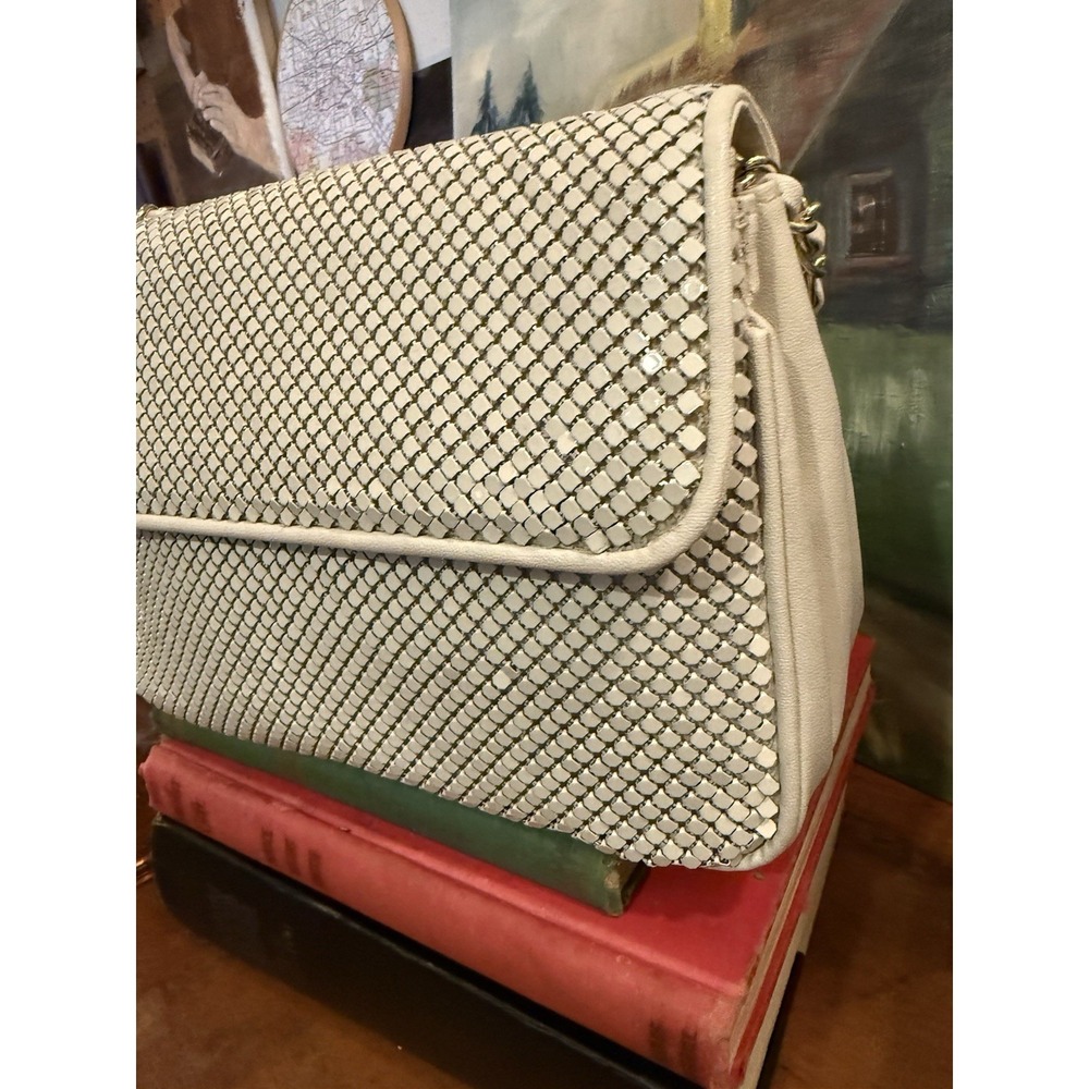 Vintage Whiting & Davis White Metal Mesh Purse Gold Chain Shoulder Bag 10.5" - Picture 2 of 15